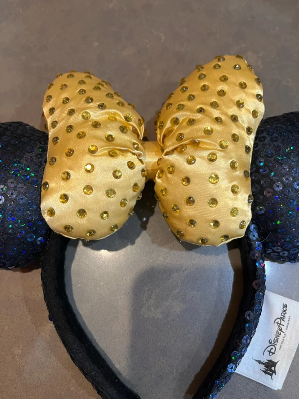 Disney Parks Iridescent Blue & Purple Sequin Minnie Ears, Gold Bow